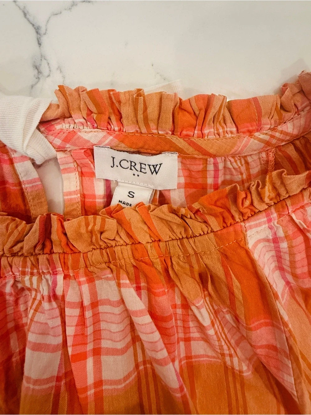 J. Crew Orange and White Plaid Blouse with ribbon tie-back size S